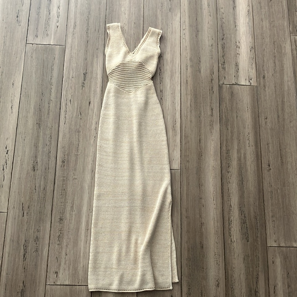 Torn Ronny Kobo Melanie Cream Cutout Semi Sheer Crochet Knit High Slit Dress S